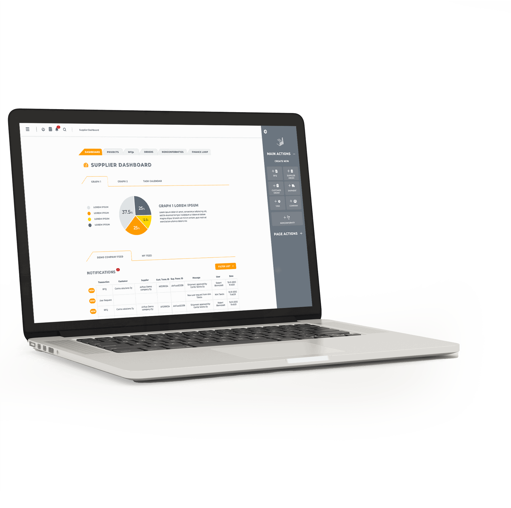 A lapto displaying an AirFaas webpage that contains a pie chart and table